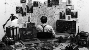 Analyst connecting scattered data points into a network, from information to intelligence